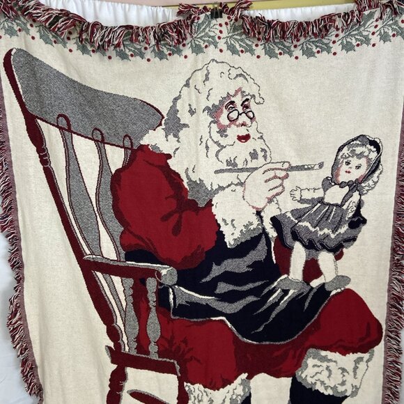 Vintage 1992 Christmas Tapestry Woven Throw Blanket Santa Doll Cozy 48 x 67 in - Picture 2 of 11